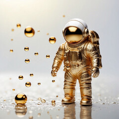 Astronaut in a golden spacesuit surrounded by bubbles