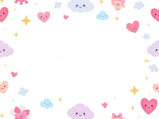 Colorful kawaii style design with smiling hearts stars and bows in frame layout high resolution background