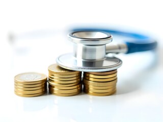 Economic healthcare system illustration with stethoscope and currency gold coins high resolution photo