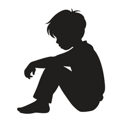 Sad boy silhouette sitting alone isolated