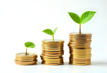 Gold coins arranged in ascending order with leaves symbolizing profit and nature high resolution image