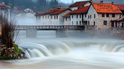 Misty Village Scene With River and Wooden Bridge