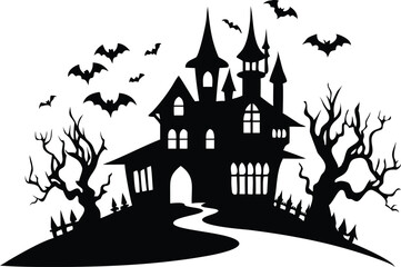 Spooky halloween haunted house bats silhouette