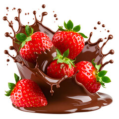 Juicy strawberry splashing in rich chocolate, isolated on white background.