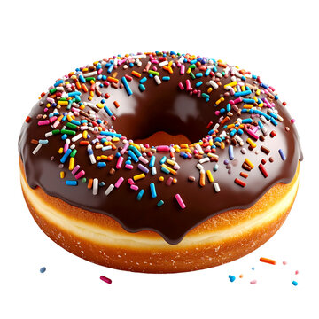 Indulgent chocolate frosted donut topped with colorful sprinkles delightfully displayed on a bright surface, Transparent Background PNG