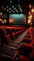 Cozy red theater seats await moviegoers in a modern cinema hall with bright lights