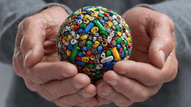 A Globe in Hand: A pair of hands delicately cradles a sphere made from an array of recycled plastics, presenting a powerful visual metaphor for environmental consciousness and global responsibility. 