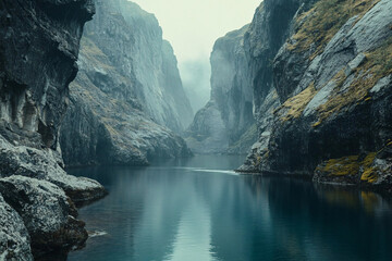 A stunning vista of a serene lake embraced by towering, imposing mountain cliffs.