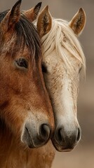 Fototapeta premium Close-up of two horses embracing in a serene moment against a natural backdrop at dusk