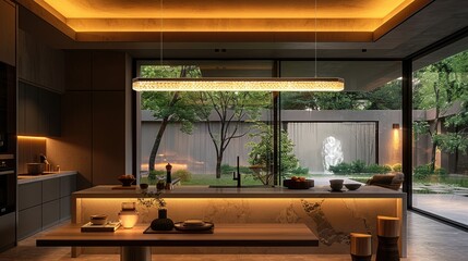 Sleek Linear Crystal Chandelier - An elongated modern crystal light fixture above a designer kitchen island in a luxury home.