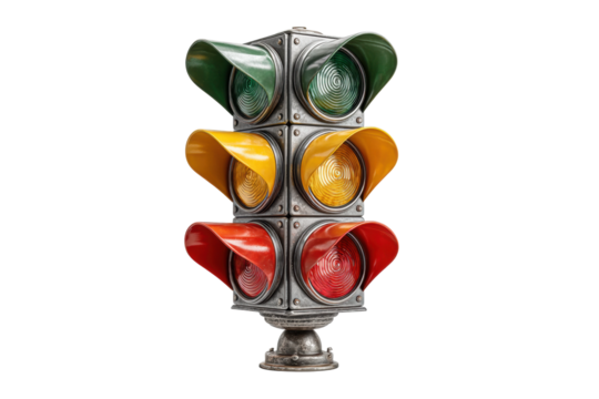 PNG Vintage traffic light with six colorful signal lenses on black background