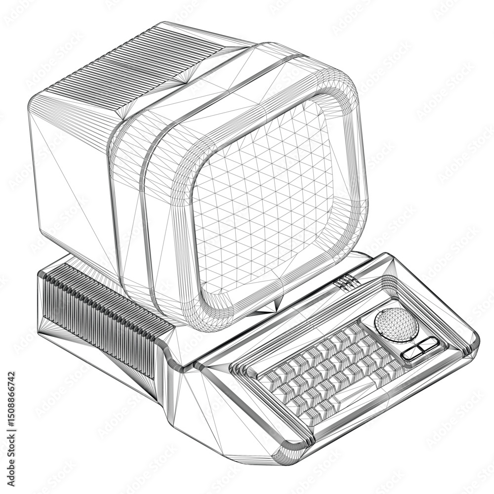 Poster a retro computer monitor with a keyboard and a mouse. the monitor is black and white. the keyboard i