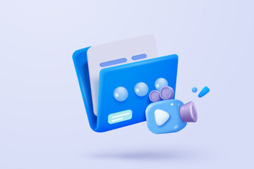 3d folder and paper for management multimedia movie file, paperwork multiple signs on database. Image and video document minimal folder icon. 3d cinema icon vector render illustration