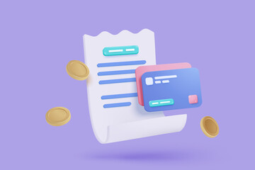 3D bill payment with credit card and financial for online shopping, payment credit card with alert notification. Invoice transaction with money coin. 3d receipt vector icon render illustration