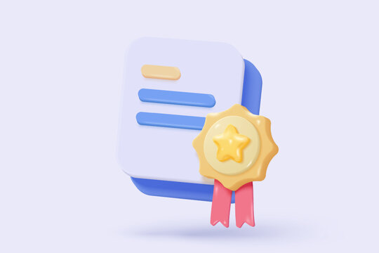 3d winner medal with star and ribbon on pastel yellow background. Quality guarantee of product champion award with cartoon minimal style. 3d graphics medal rating icon vector rendering illustration