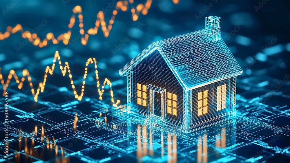 Poster real estate data analytics with a transparent home model displayed against a graph line background