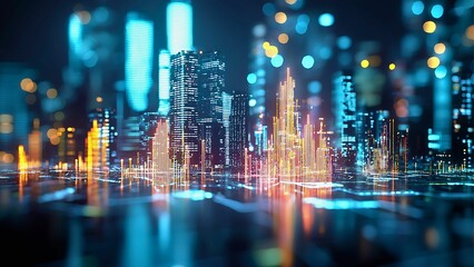 A vibrant, futuristic cityscape glowing with neon light and intricate architectural details. The scene evokes a sense of progress and innovation