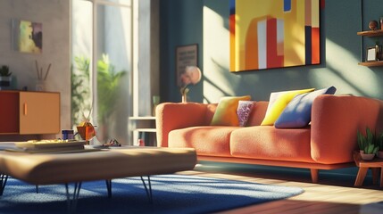 Sunlit modern living room with orange sofa and colorful pillows, art and wood furniture