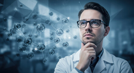 Innovation Thought: Man in lab coat contemplates science breakthroughs with complex molecule structures around him.