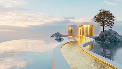 A serene, modern building perched gracefully on the edge of water, with a bridge leading to it, framed by a tranquil sky and landscape. The scene exudes peace and a sense of isolation.