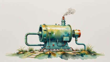 Fototapeta premium Watercolor painting of an antique water pump, rustic charm in vintage style