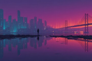 Purple cityscape reflecting on water with bridge and silhouetted figure