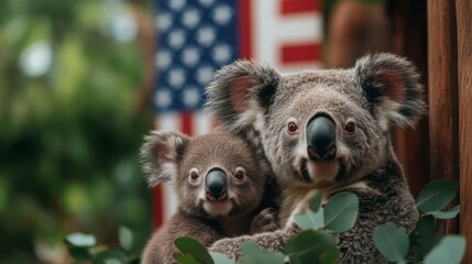 Obraz premium Adorable Koalas Sitting Together Among Greenery and American Flag Background in Nature