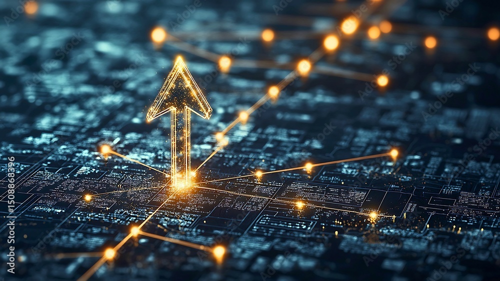 Poster abstract rendering of an arrow pointing upwards, surrounded by lines of connected nodes, set against