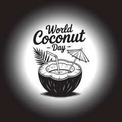 World Coconut Day Vector Illustration,Coconut Drink with Straw and Umbrella Line Art,Tropical Coconut Juice Outline Design,Hand Drawn Coconut Beverage Vector Graphic,Minimal Coconut Drink with Straw