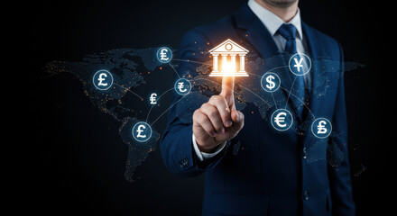 Global Finance Connection: Businessman connects international currency symbols across a glowing world map with digital banking technology.