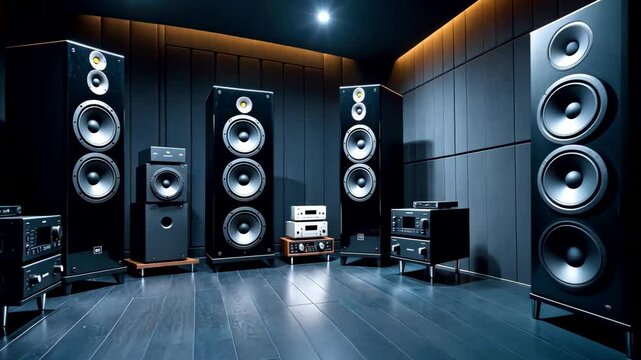 Modern sound system with large tower speakers and amplifiers in high-end acoustic listening room