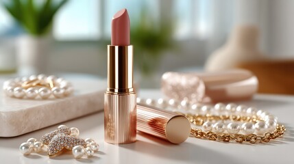 Rose Gold Lipstick and Pearls: A luxurious rose gold lipstick rests elegantly amidst a delicate arrangement of pearl necklaces and rings, creating a scene of sophisticated beauty and feminine allure.
