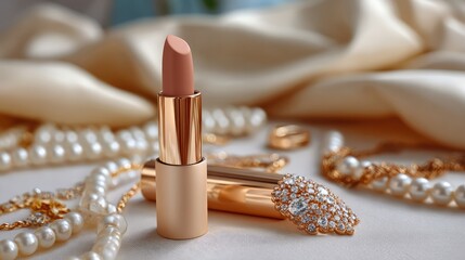Glamorous Beauty: A close-up shot reveals a luxurious lipstick, nestled amidst lustrous pearls and opulent jewelry, draped over soft silk, inviting a sense of elegance and indulgence.