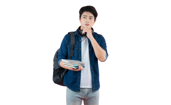 Portrait of Asian male student wearing headphones , holding book and posing on PNG background	