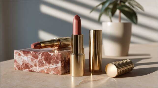 Lipstick Harmony: A trio of lipsticks in gold tubes and soft hues sit in serene composition, accentuated by dappled sunlight and lush indoor plant.