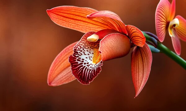 Bright orange orchid blooms with intricate patterns in natural setting