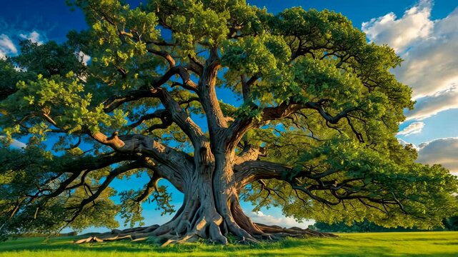 Massive ancient oak tree with thick branches spreading under blue sky in wide grassy field