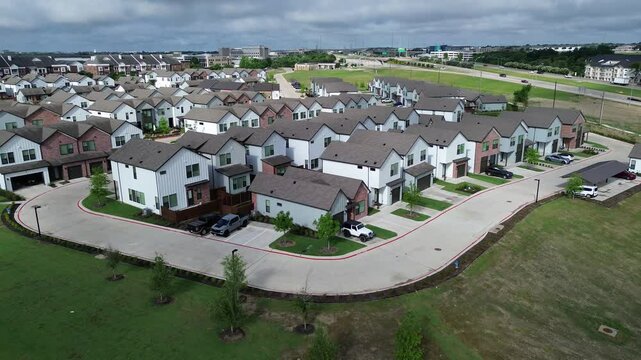 Stack interchange, highway overpass, Sam Rayburn tollway, Texas State Highway 121, McKinney Medical District, brand new rental houses community, single-family home narrow lot, shingle roof, Allen