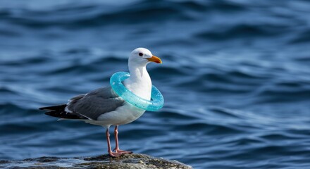 Fototapeta premium Seabird with a plastic ring around its neck, ocean background