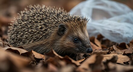 Obraz premium Hedgehog among dry leaves, with a plastic bag in the background — symbol of harm to wildlife