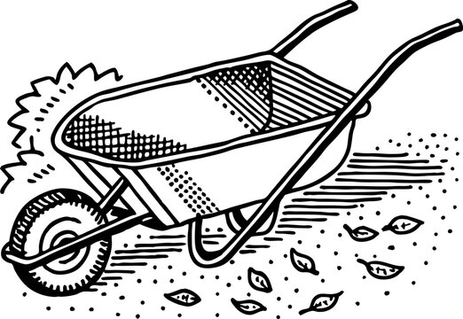 black and white wheelbarrow with leaves clip art preview