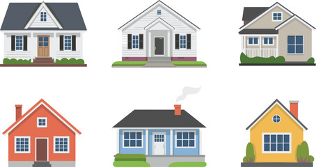 Colorful and diverse suburban house illustrations with modern and classic designs, perfect for real estate, architecture, home concepts, and digital projects