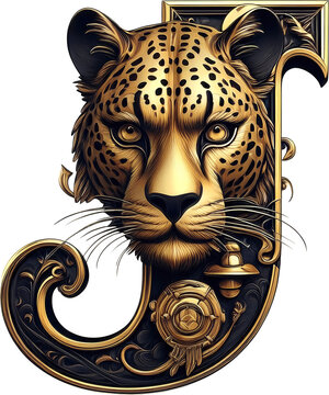 Letra J, jaguar, letra, animal, vector, administrar, ilustraci&oacute;n, canis lupus, arte, negro, inhospitalario, ia, dorado y negro
