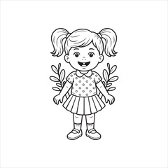 Happy Girl Outline Drawing,Smiling Girl Vector Art,Little Girl Coloring Page,Adorable Girl Line Art,Kid Girl Black and White Drawing,Girl with Pigtails Cartoon Style,Simple Girl Character Illustration