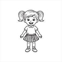 Happy Girl Outline Drawing,Smiling Girl Vector Art,Little Girl Coloring Page,Adorable Girl Line Art,Kid Girl Black and White Drawing,Girl with Pigtails Cartoon Style,Simple Girl Character Illustration