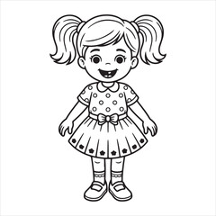 Happy Girl Outline Drawing,Smiling Girl Vector Art,Little Girl Coloring Page,Adorable Girl Line Art,Kid Girl Black and White Drawing,Girl with Pigtails Cartoon Style,Simple Girl Character Illustration