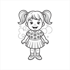 Happy Girl Outline Drawing,Smiling Girl Vector Art,Little Girl Coloring Page,Adorable Girl Line Art,Kid Girl Black and White Drawing,Girl with Pigtails Cartoon Style,Simple Girl Character Illustration