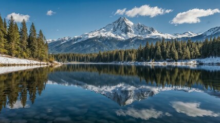 Snowy Mountain Reflected in Still Lake