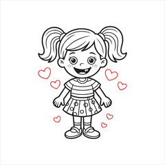 Happy Girl Outline Drawing,Smiling Girl Vector Art,Little Girl Coloring Page,Adorable Girl Line Art,Kid Girl Black and White Drawing,Girl with Pigtails Cartoon Style,Simple Girl Character Illustration