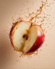 Half red apple with water splash, topdown view, cinematic lighting, fresh and juicy, isolated on beige background, vibrant and dynamic food photography